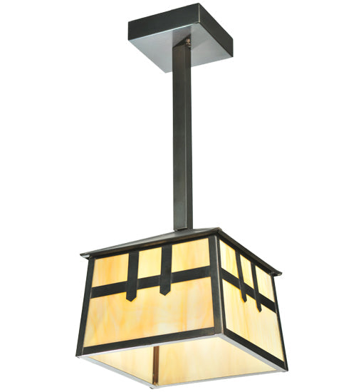 Meyda Lighting Stillwater 15" Craftsman Brown Double Cross Mission Mini Pendant Light With Beige Art Shade Glass