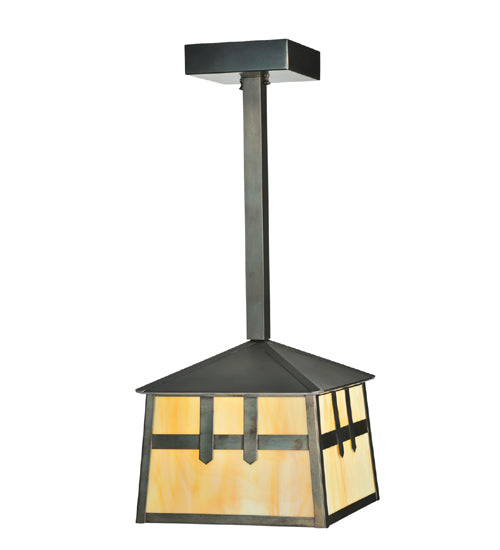 Meyda Lighting Stillwater 15" Craftsman Brown Double Cross Mission Mini Pendant Light With Beige Art Shade Glass