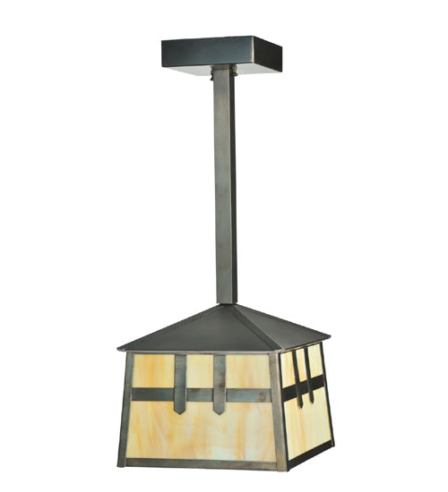 Meyda Lighting Stillwater 15" Craftsman Brown Double Cross Mission Mini Pendant Light With Beige Art Shade Glass