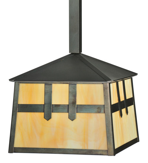 Meyda Lighting Stillwater 15" Craftsman Brown Double Cross Mission Mini Pendant Light With Beige Art Shade Glass