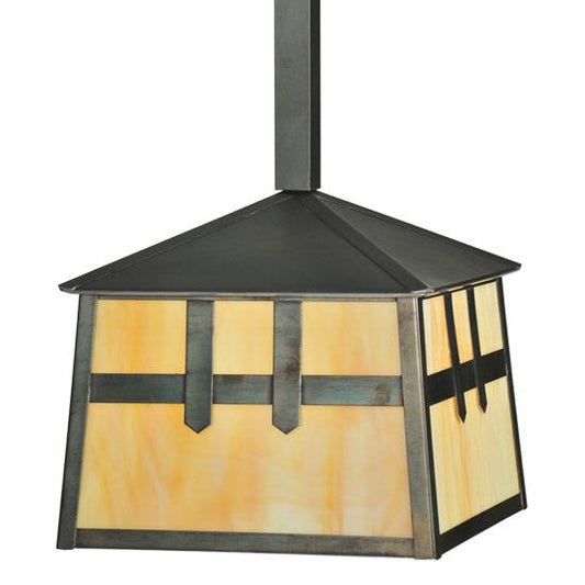 Meyda Lighting Stillwater 15" Craftsman Brown Double Cross Mission Mini Pendant Light With Beige Art Shade Glass