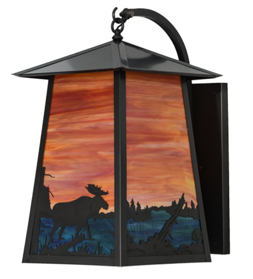 Meyda Lighting Stillwater 15" Craftsman Brown Moose at Lake Curved Arm Wall Sconce With Orange & Blue Green Art Shade Glass