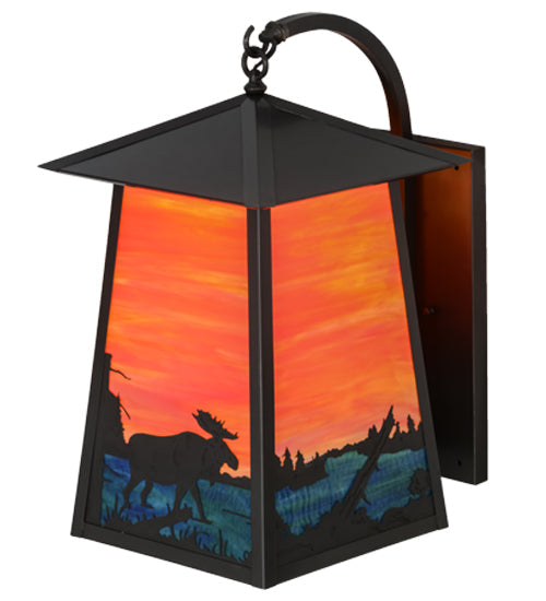 Meyda Lighting Stillwater 15" Craftsman Brown Moose at Lake Curved Arm Wall Sconce With Orange & Blue Green Art Shade Glass