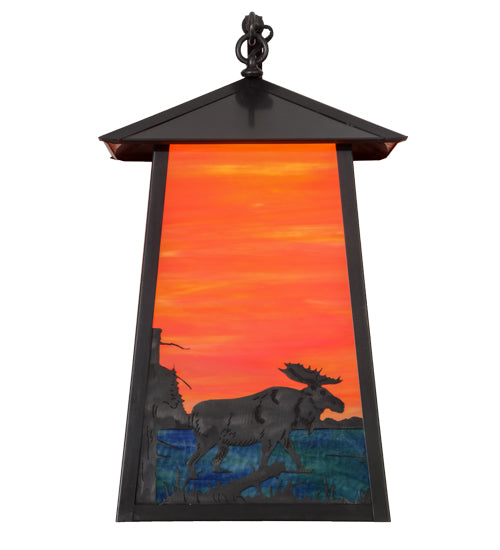 Meyda Lighting Stillwater 15" Craftsman Brown Moose at Lake Curved Arm Wall Sconce With Orange & Blue Green Art Shade Glass
