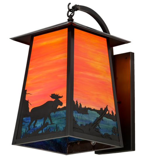 Meyda Lighting Stillwater 15" Craftsman Brown Moose at Lake Curved Arm Wall Sconce With Orange & Blue Green Art Shade Glass