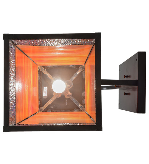 Meyda Lighting Stillwater 15" Craftsman Brown Moose at Lake Curved Arm Wall Sconce With Orange & Blue Green Art Shade Glass