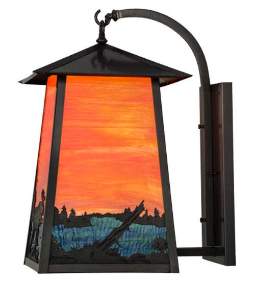 Meyda Lighting Stillwater 15" Craftsman Brown Moose at Lake Curved Arm Wall Sconce With Orange & Blue Green Art Shade Glass