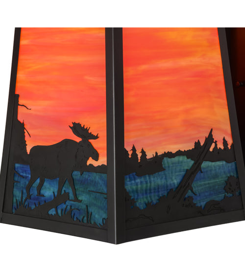 Meyda Lighting Stillwater 15" Craftsman Brown Moose at Lake Curved Arm Wall Sconce With Orange & Blue Green Art Shade Glass