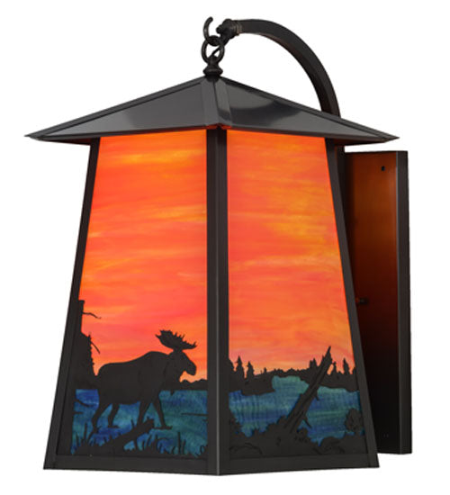 Meyda Lighting Stillwater 15" Craftsman Brown Moose at Lake Curved Arm Wall Sconce With Orange & Blue Green Art Shade Glass