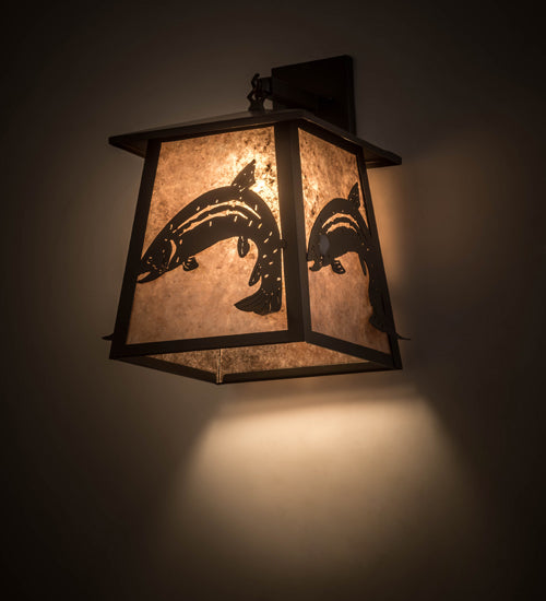 Meyda Lighting Stillwater 15" Timeless Bronze Leaping Trout Hanging Wall Sconce With Silver Mica Shade Glass