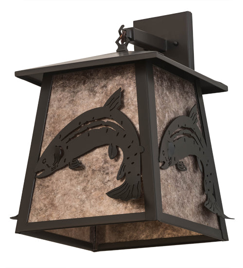 Meyda Lighting Stillwater 15" Timeless Bronze Leaping Trout Hanging Wall Sconce With Silver Mica Shade Glass
