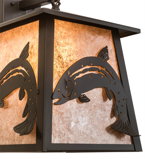 Meyda Lighting Stillwater 15" Timeless Bronze Leaping Trout Hanging Wall Sconce With Silver Mica Shade Glass