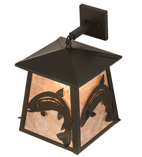 Meyda Lighting Stillwater 15" Timeless Bronze Leaping Trout Hanging Wall Sconce With Silver Mica Shade Glass