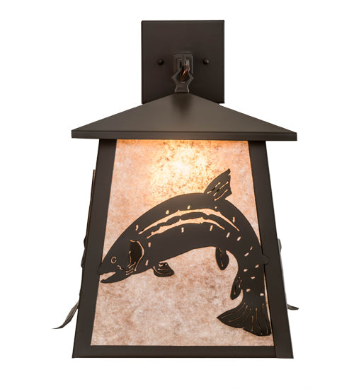 Meyda Lighting Stillwater 15" Timeless Bronze Leaping Trout Hanging Wall Sconce With Silver Mica Shade Glass