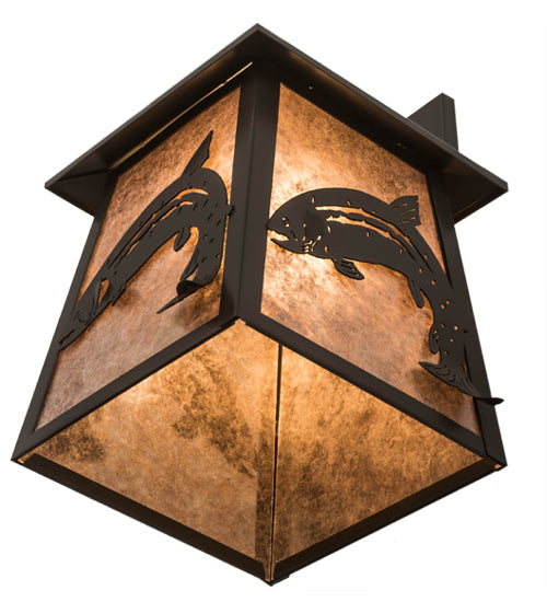Meyda Lighting Stillwater 15" Timeless Bronze Leaping Trout Hanging Wall Sconce With Silver Mica Shade Glass
