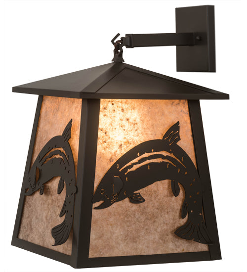 Meyda Lighting Stillwater 15" Timeless Bronze Leaping Trout Hanging Wall Sconce With Silver Mica Shade Glass