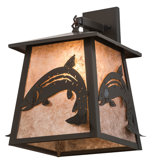 Meyda Lighting Stillwater 15" Timeless Bronze Leaping Trout Hanging Wall Sconce With Silver Mica Shade Glass