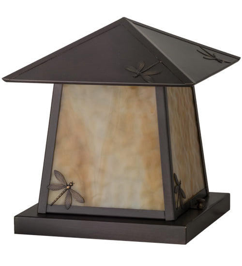 Meyda Lighting Stillwater 16" Craftsman Brown Dragonfly Outdoor Pier Mount Light With Beige Art Shade Glass