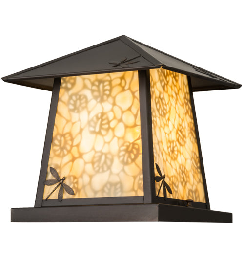 Meyda Lighting Stillwater 16" Craftsman Brown Dragonfly Outdoor Pier Mount Light With Beige Art Shade Glass