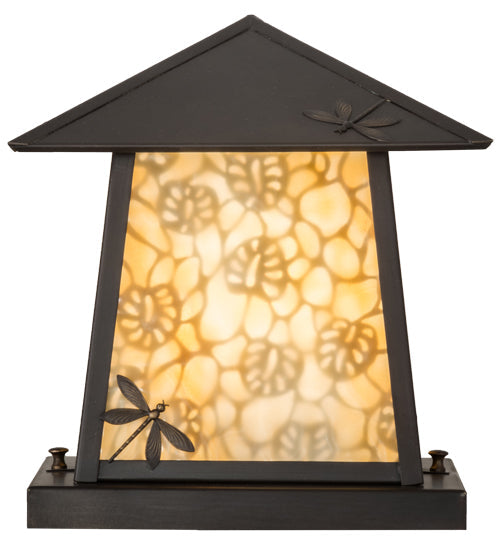 Meyda Lighting Stillwater 16" Craftsman Brown Dragonfly Outdoor Pier Mount Light With Beige Art Shade Glass