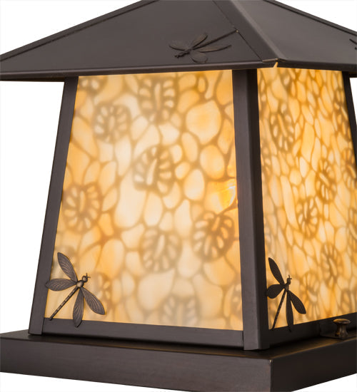 Meyda Lighting Stillwater 16" Craftsman Brown Dragonfly Outdoor Pier Mount Light With Beige Art Shade Glass
