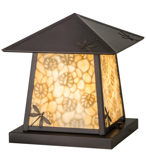 Meyda Lighting Stillwater 16" Craftsman Brown Dragonfly Outdoor Pier Mount Light With Beige Art Shade Glass