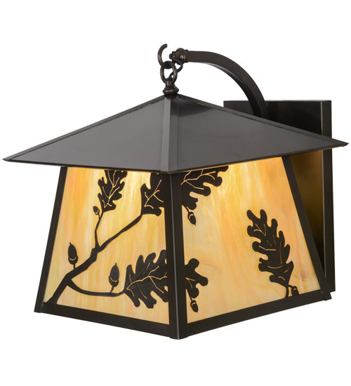 Meyda Lighting Stillwater 16" Craftsman Brown Oak Leaf Curved Arm Wall Sconce With Beige Iridescent Shade Glass