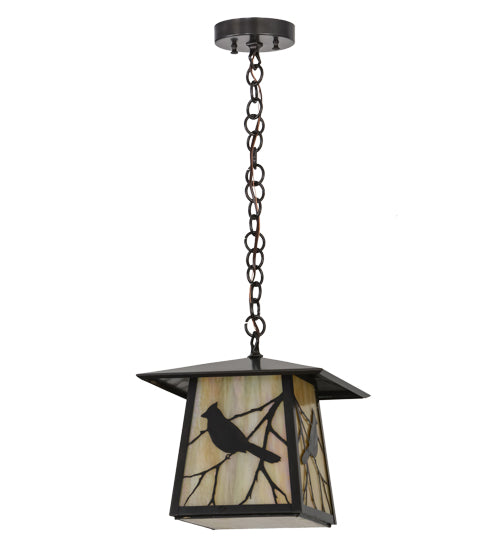 Meyda Lighting Stillwater 16" Craftsman Brown Song Bird Pendant Light With Beige Iridescent Shade Glass