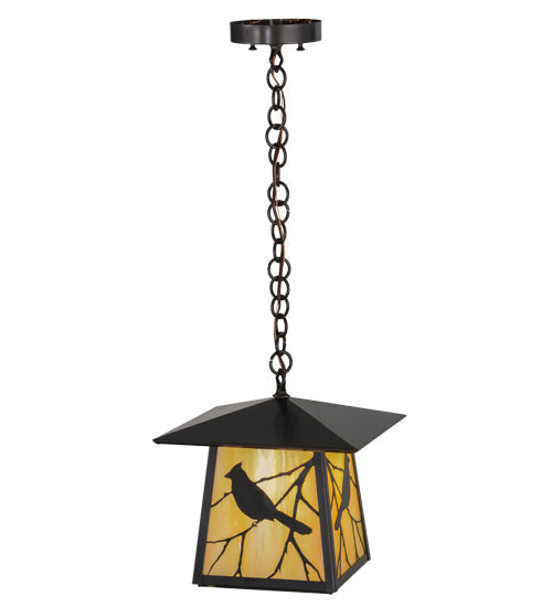Meyda Lighting Stillwater 16" Craftsman Brown Song Bird Pendant Light With Beige Iridescent Shade Glass