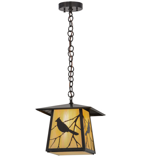 Meyda Lighting Stillwater 16" Craftsman Brown Song Bird Pendant Light With Beige Iridescent Shade Glass