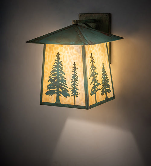 Meyda Lighting Stillwater 16" Verdigris Tall Pines Wall Sconce With Beige Art Shade Glass