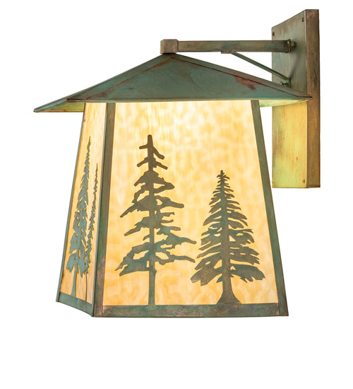 Meyda Lighting Stillwater 16" Verdigris Tall Pines Wall Sconce With Beige Art Shade Glass