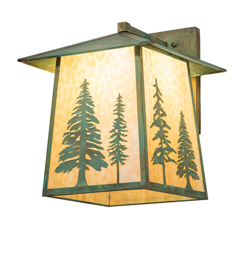 Meyda Lighting Stillwater 16" Verdigris Tall Pines Wall Sconce With Beige Art Shade Glass