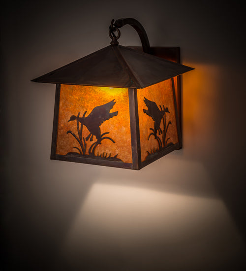 Meyda Lighting Stillwater 16" Vintage Copper Ducks in Flight Curved Arm Wall Sconce With Amber Mica Shade Glass