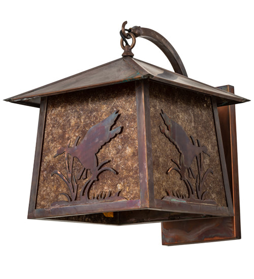 Meyda Lighting Stillwater 16" Vintage Copper Ducks in Flight Curved Arm Wall Sconce With Amber Mica Shade Glass