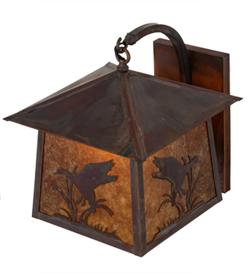 Meyda Lighting Stillwater 16" Vintage Copper Ducks in Flight Curved Arm Wall Sconce With Amber Mica Shade Glass