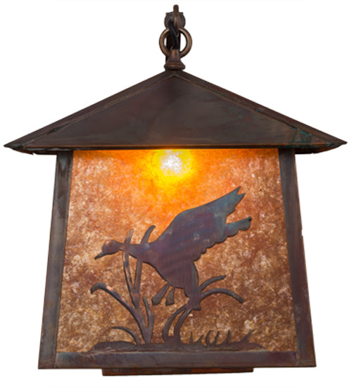 Meyda Lighting Stillwater 16" Vintage Copper Ducks in Flight Curved Arm Wall Sconce With Amber Mica Shade Glass