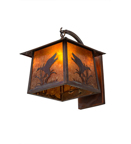Meyda Lighting Stillwater 16" Vintage Copper Ducks in Flight Curved Arm Wall Sconce With Amber Mica Shade Glass