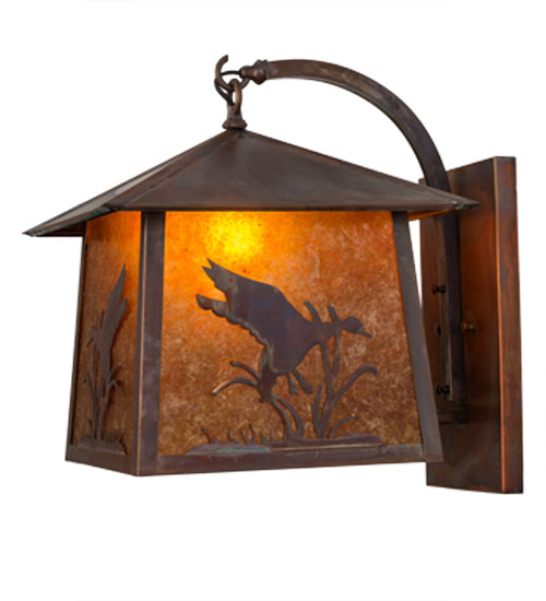 Meyda Lighting Stillwater 16" Vintage Copper Ducks in Flight Curved Arm Wall Sconce With Amber Mica Shade Glass