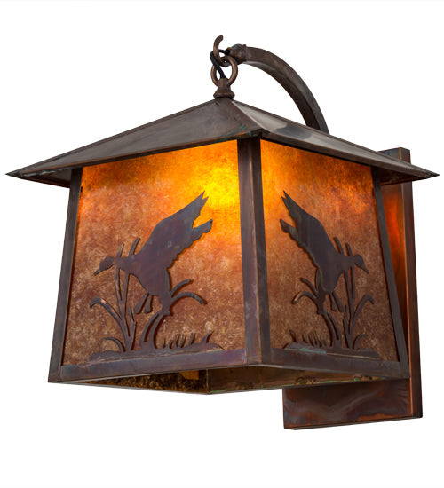 Meyda Lighting Stillwater 16" Vintage Copper Ducks in Flight Curved Arm Wall Sconce With Amber Mica Shade Glass