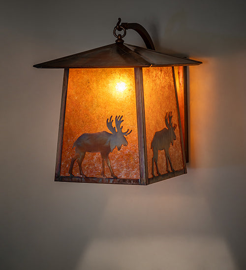 Meyda Lighting Stillwater 16" Vintage Copper Lone Moose Curved Arm Wall Sconce With Amber Mica Shade Glass