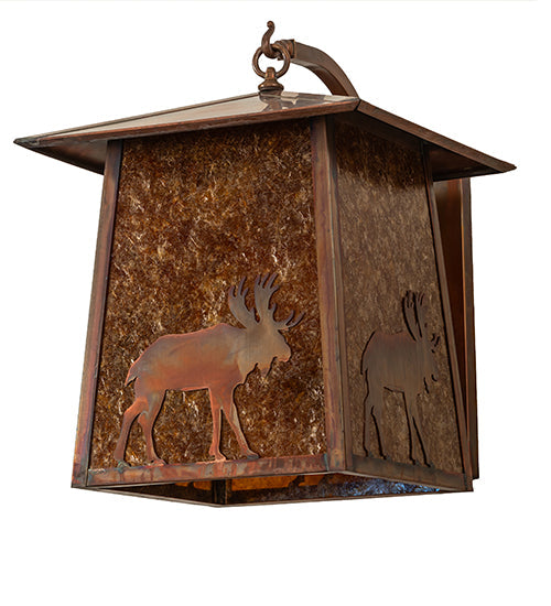 Meyda Lighting Stillwater 16" Vintage Copper Lone Moose Curved Arm Wall Sconce With Amber Mica Shade Glass
