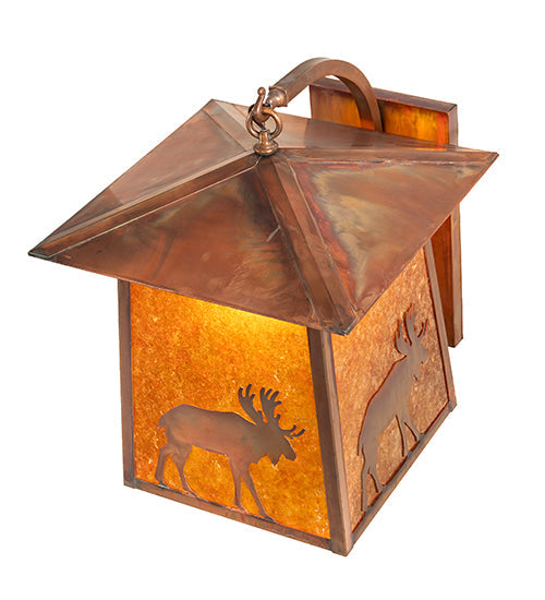 Meyda Lighting Stillwater 16" Vintage Copper Lone Moose Curved Arm Wall Sconce With Amber Mica Shade Glass