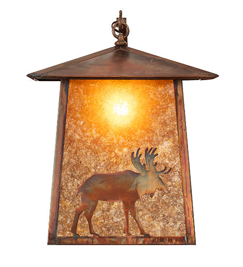 Meyda Lighting Stillwater 16" Vintage Copper Lone Moose Curved Arm Wall Sconce With Amber Mica Shade Glass
