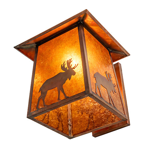 Meyda Lighting Stillwater 16" Vintage Copper Lone Moose Curved Arm Wall Sconce With Amber Mica Shade Glass