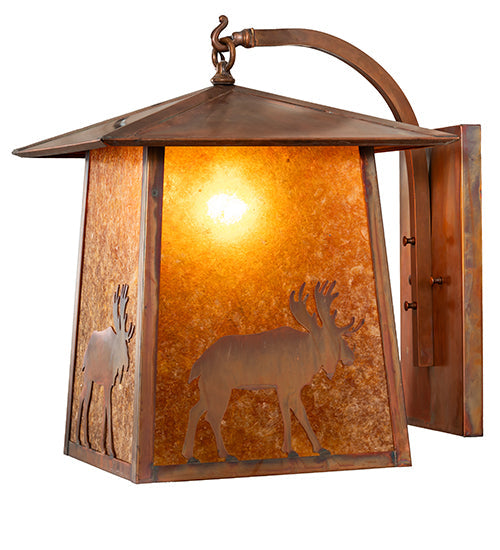 Meyda Lighting Stillwater 16" Vintage Copper Lone Moose Curved Arm Wall Sconce With Amber Mica Shade Glass