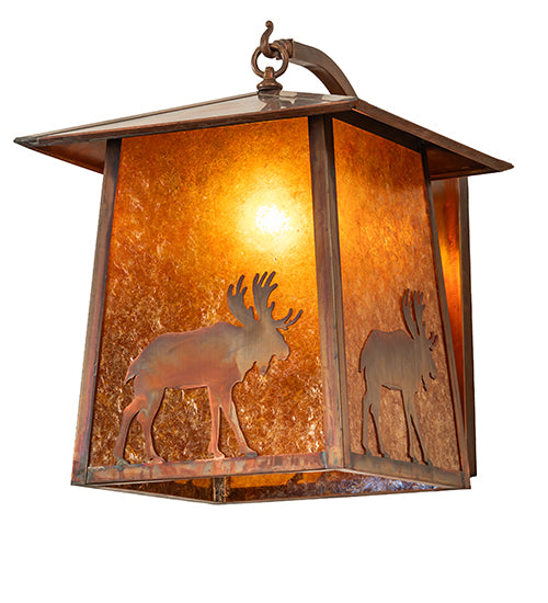 Meyda Lighting Stillwater 16" Vintage Copper Lone Moose Curved Arm Wall Sconce With Amber Mica Shade Glass