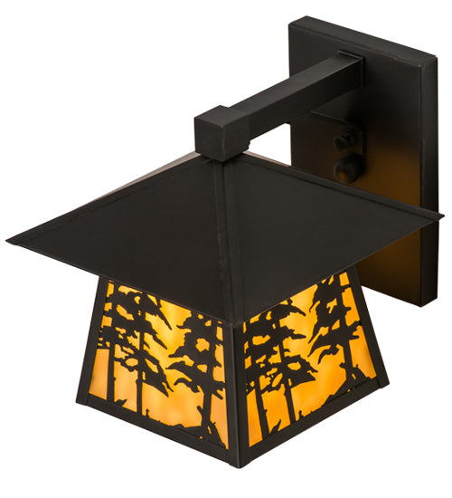 Meyda Lighting Stillwater 165573 8" Craftsman Brown Tall Pines Hanging Wall Sconce With Beige Art Shade Glass