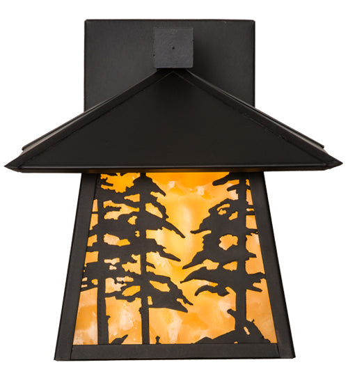 Meyda Lighting Stillwater 165573 8" Craftsman Brown Tall Pines Hanging Wall Sconce With Beige Art Shade Glass