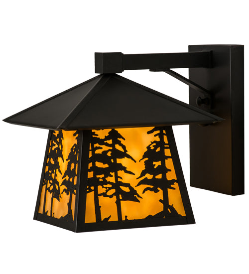 Meyda Lighting Stillwater 165573 8" Craftsman Brown Tall Pines Hanging Wall Sconce With Beige Art Shade Glass